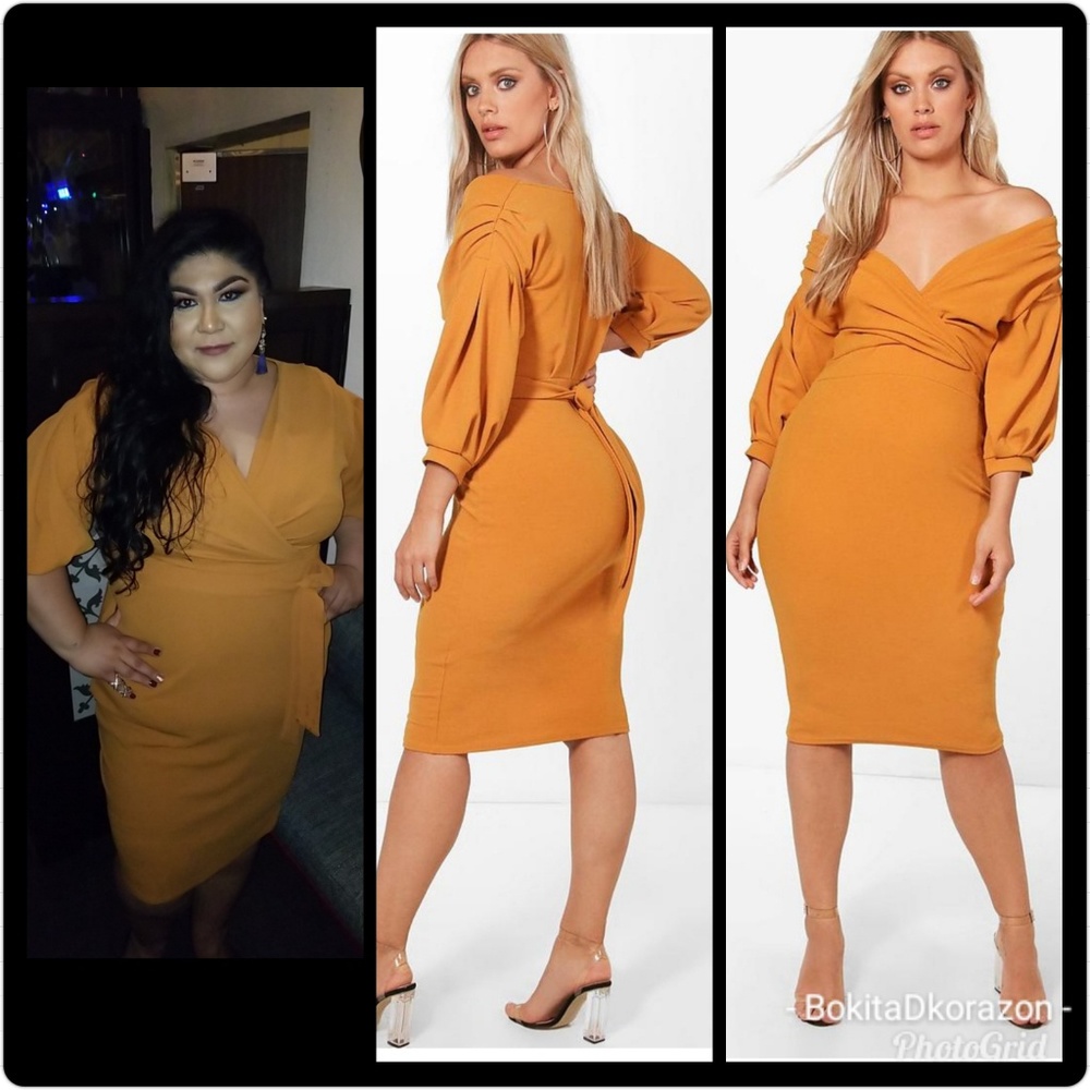 Boohoo plus size off the shoulder wrap midi dress